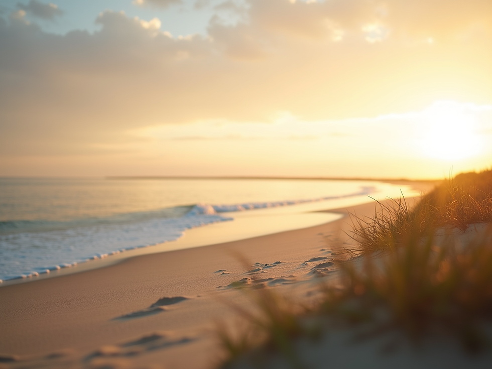 Golden sunset over a beach shoreline showing the coastal current.