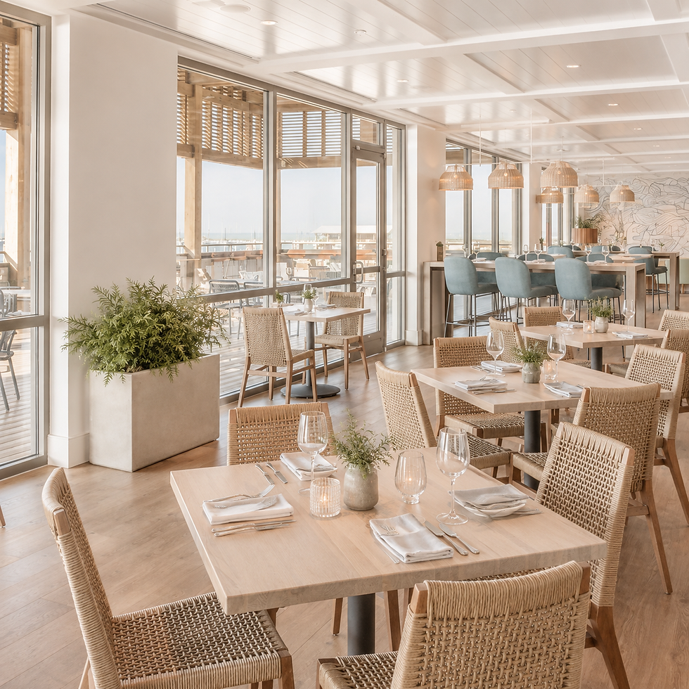 Modern seaside dining room with views of the coastal current hand picked beach side restaurant at The Perch