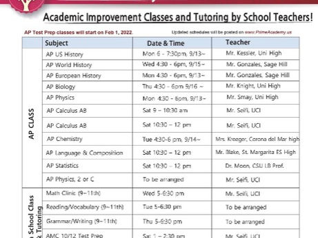 Prime Academy 2021 Fall Schedule