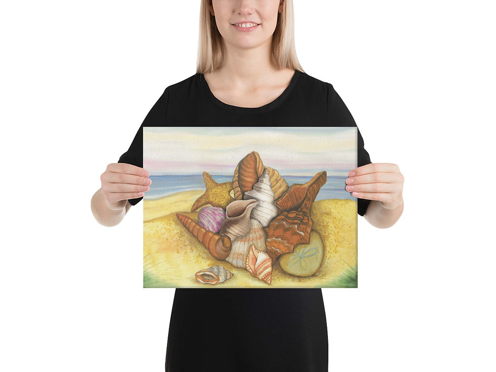 Thumbnail: A young woman is holding a Seashell Treasures canvas wall art outstretched in front of her, to accurately show canvas size.