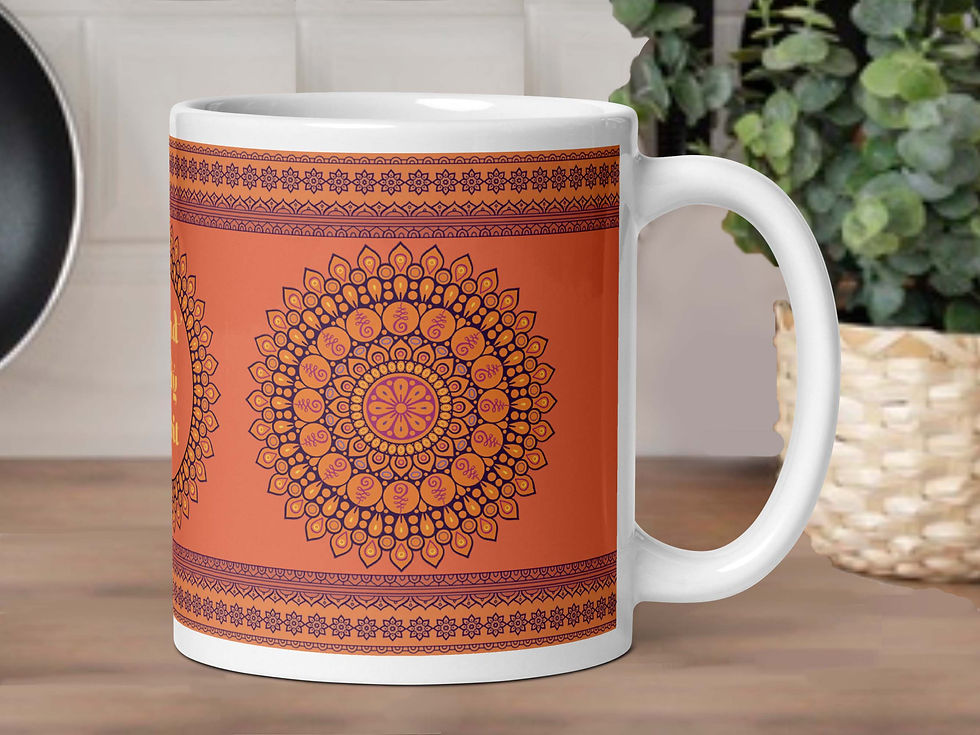 Thumbnail: A Mandala (rustic orange) coffee mug is sitting on a kitchen counter. A potted green plant is behind it.