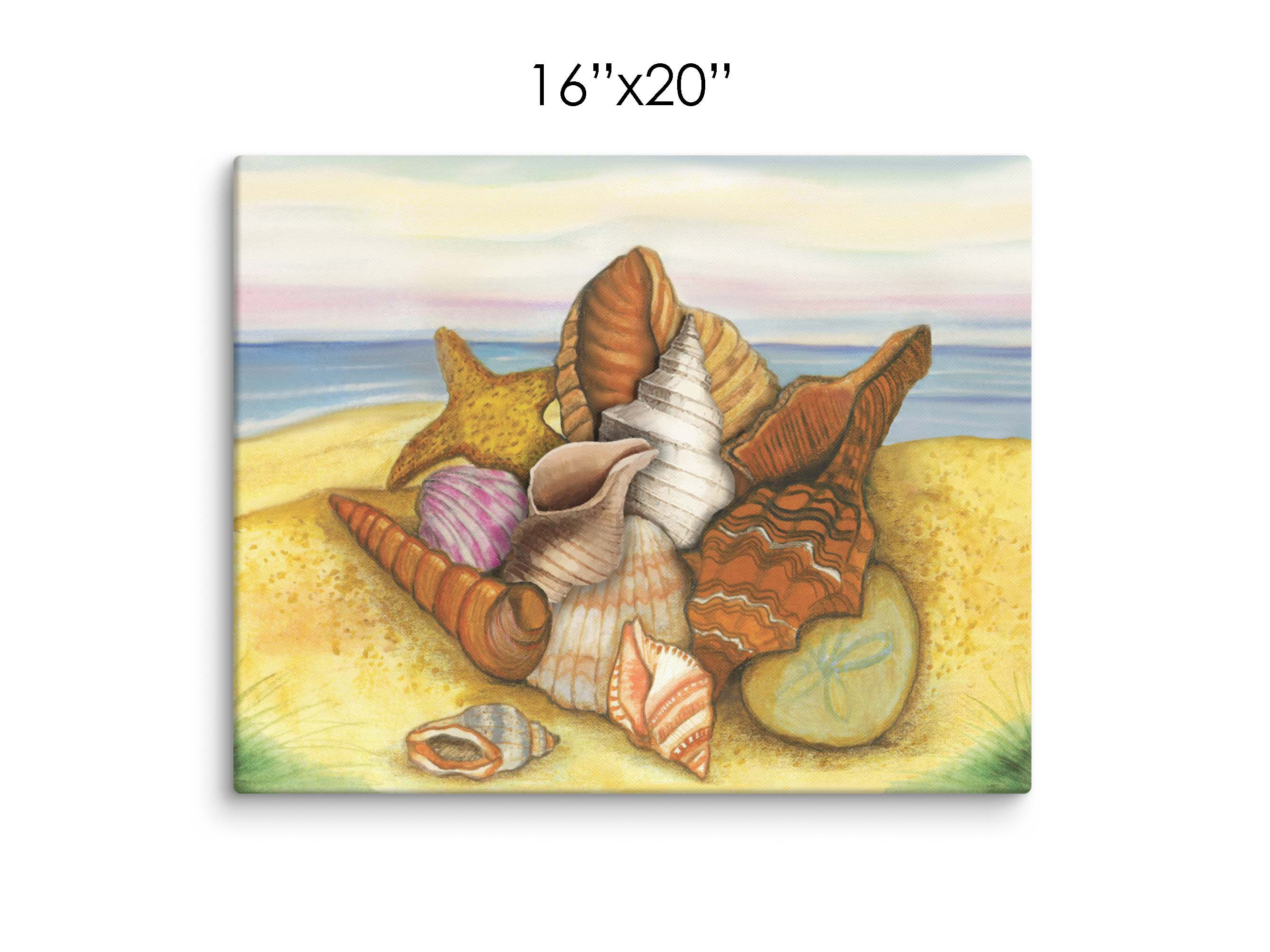 Close-up view of a Seashell Treasures canvas wall art featuring a stack of seashells on an ocean beach.