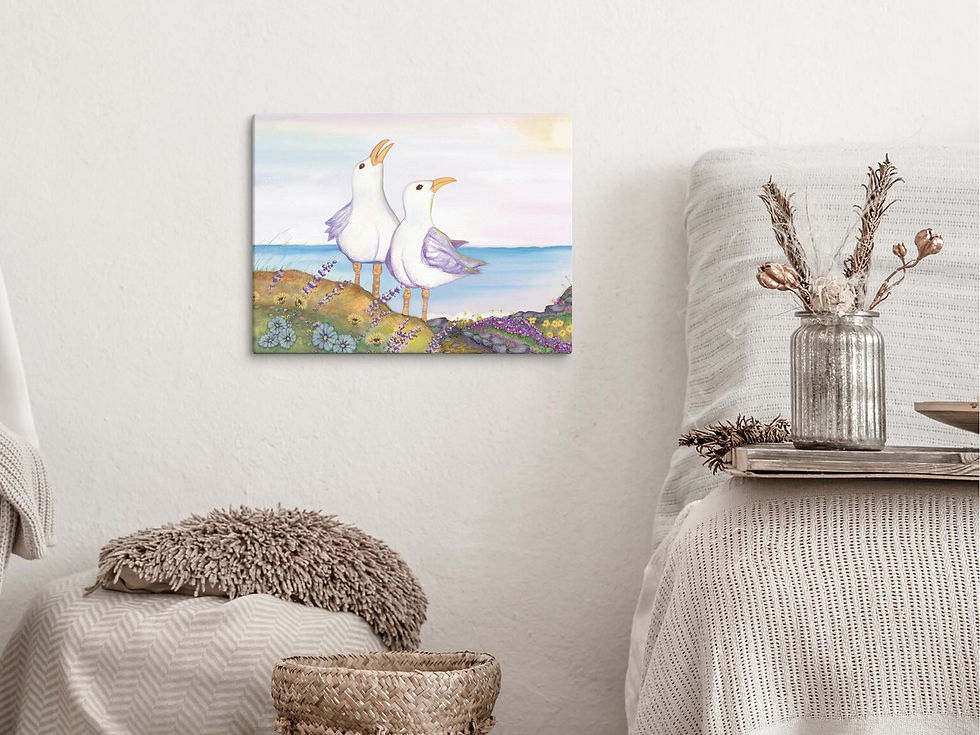 Thumbnail: A Seagulls on a Bluff canvas art on a bedroom wall next to a bed.