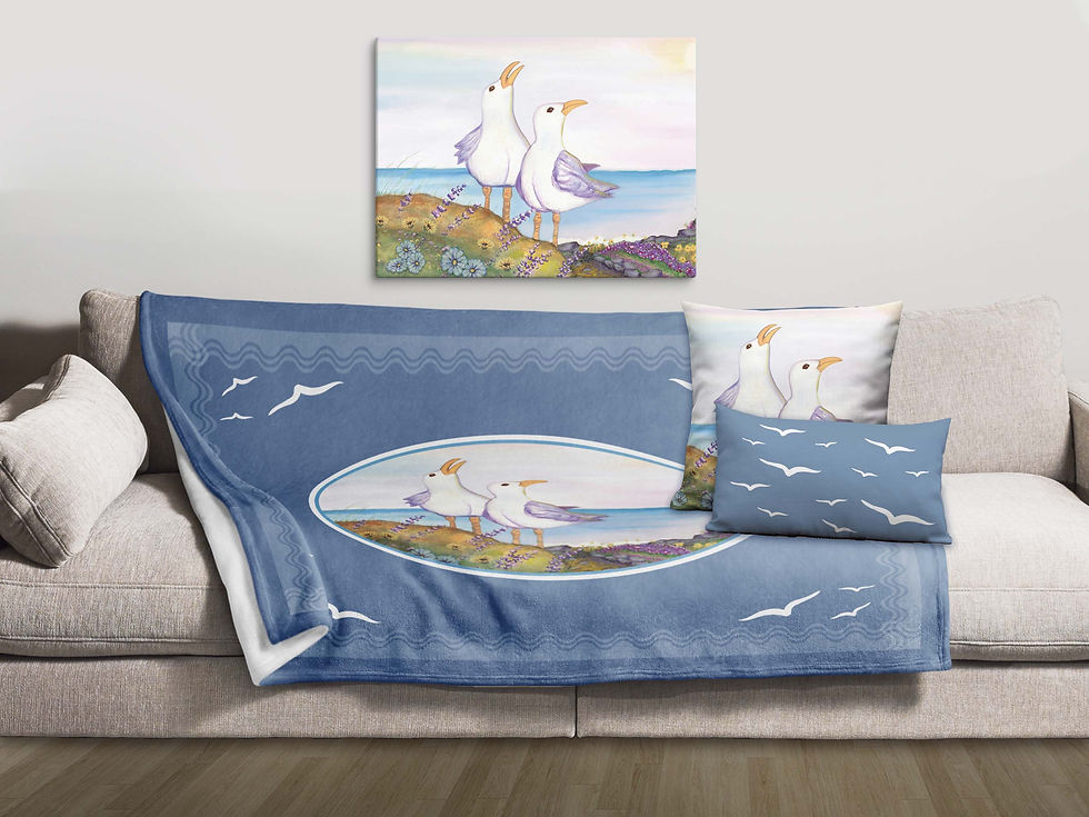 Thumbnail: Seagulls on a Bluff canvas wall art hanging above a beige couch. Matching throw blanket and throw pillows are on couch.