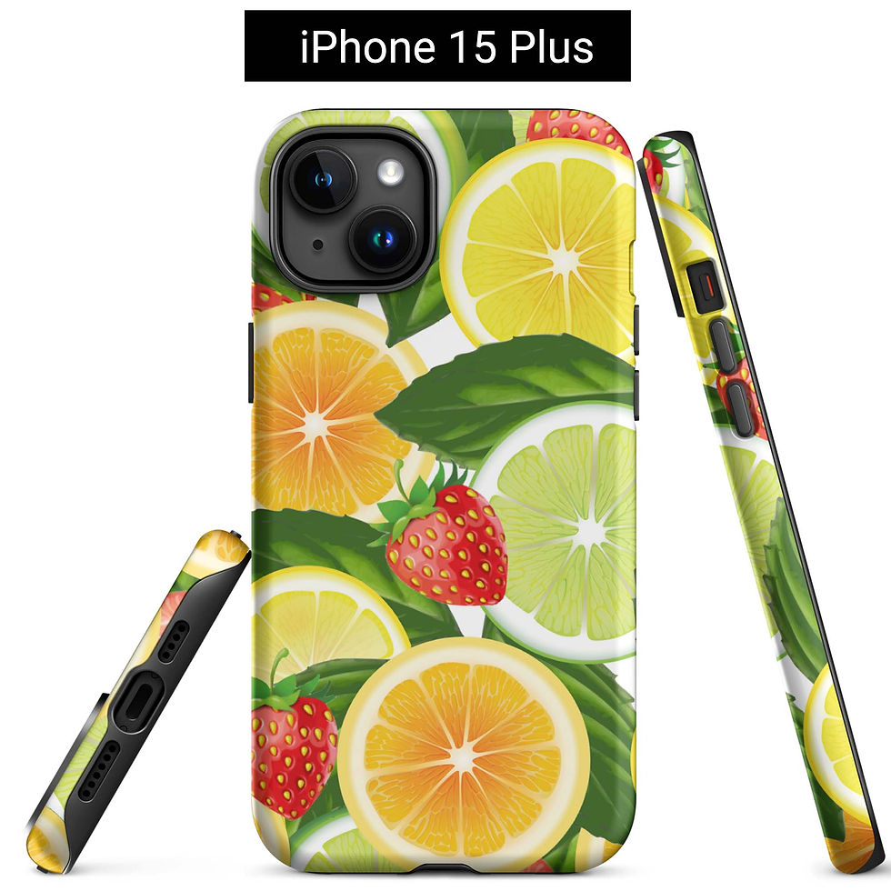 Thumbnail: iPhone 15 Plus tough case (front, side, bottom views). A medley of orange, lemon, lime and strawberry slices.