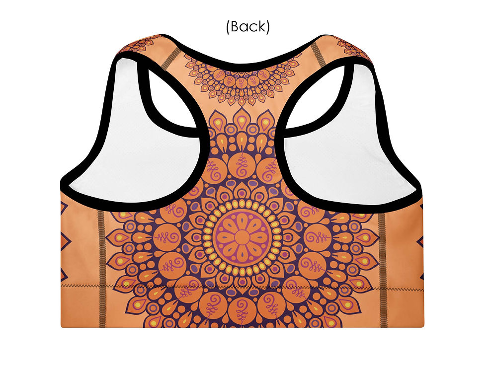Thumbnail: Close-up back view of Mindful Mandala sports bra. Mandala is orange, purple, magenta, gold/yellow). Trim (black).