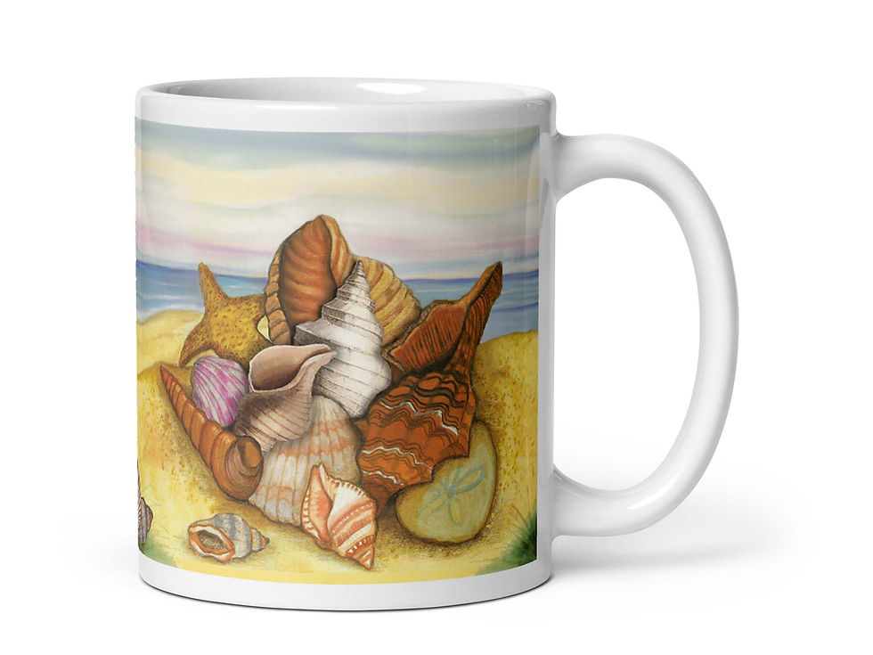 Beach Vibe mug right side. A stack of watercolor seashells on the sand at the ocean beach.