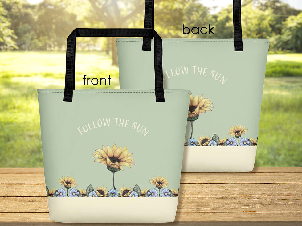 Thumbnail: Two tote bags showing front and back. Both sides feature a big sunflower on bed of small sunflowers. Words “Follow the Sun”.