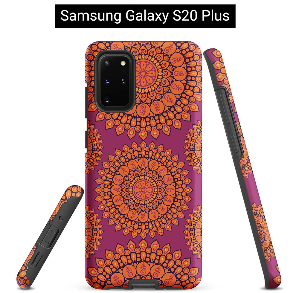 Thumbnail: Samsung Galaxy S20 Plus tough case (front, side, bottom views). Three orange mandalas against a dark pink background.