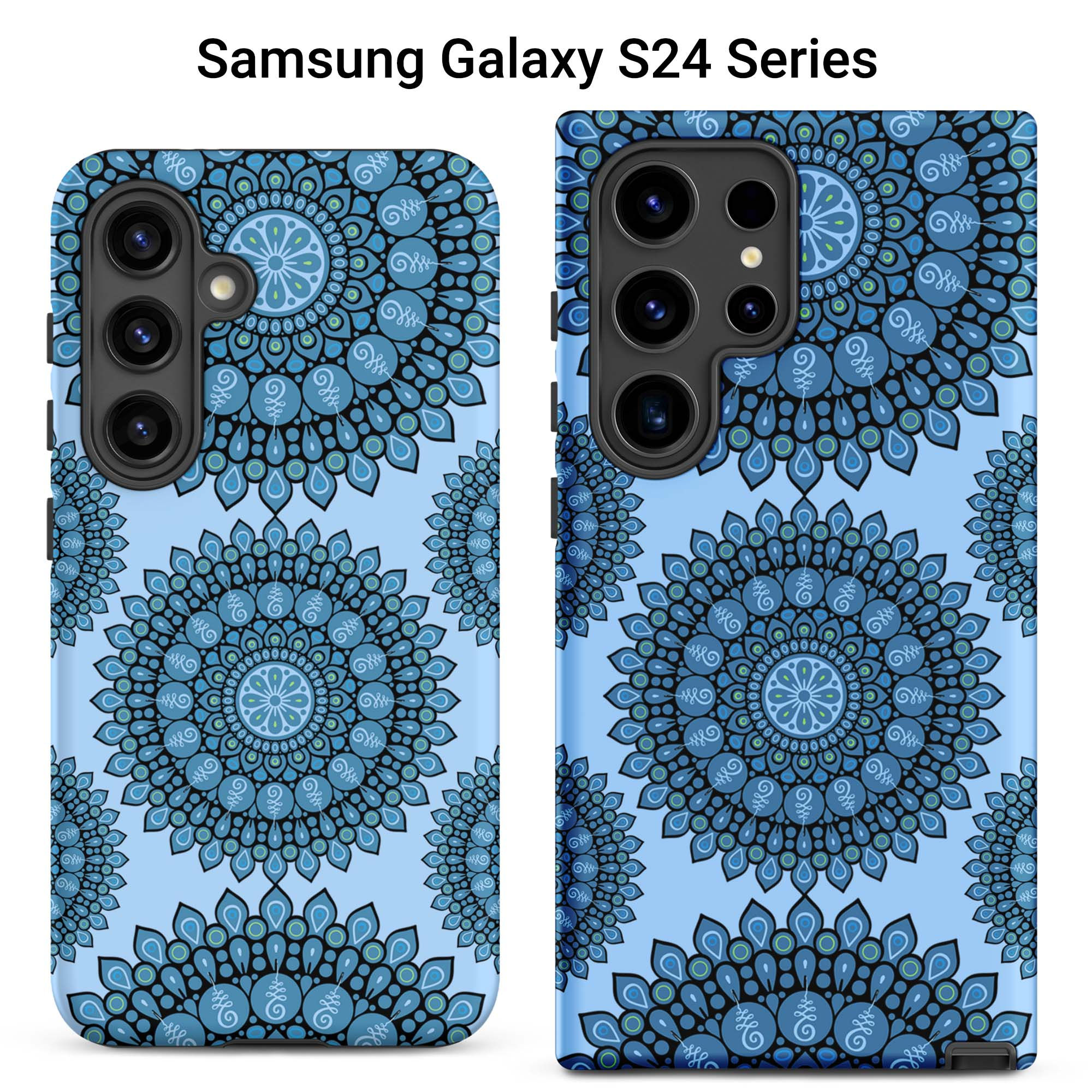 Two Samsung Galaxy S24 tough cases featuring dark blue mandalas against a light blue background.