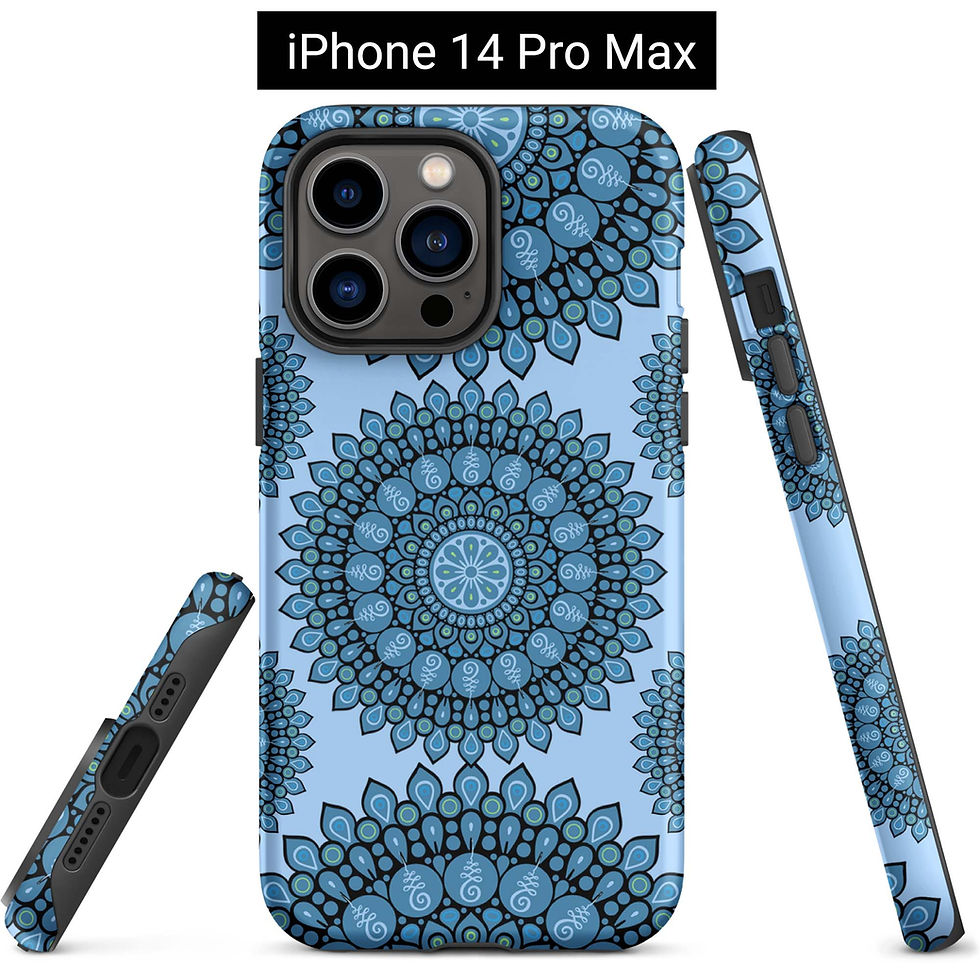 Thumbnail: iPhone 14 Pro Max tough case (front, side, bottom views). Three dark blue mandalas against a light blue background.