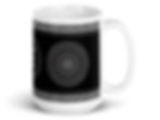 Mandala (black) mug right side. A big gray Mandala with row of geometric symbols on top and bottom of mug.