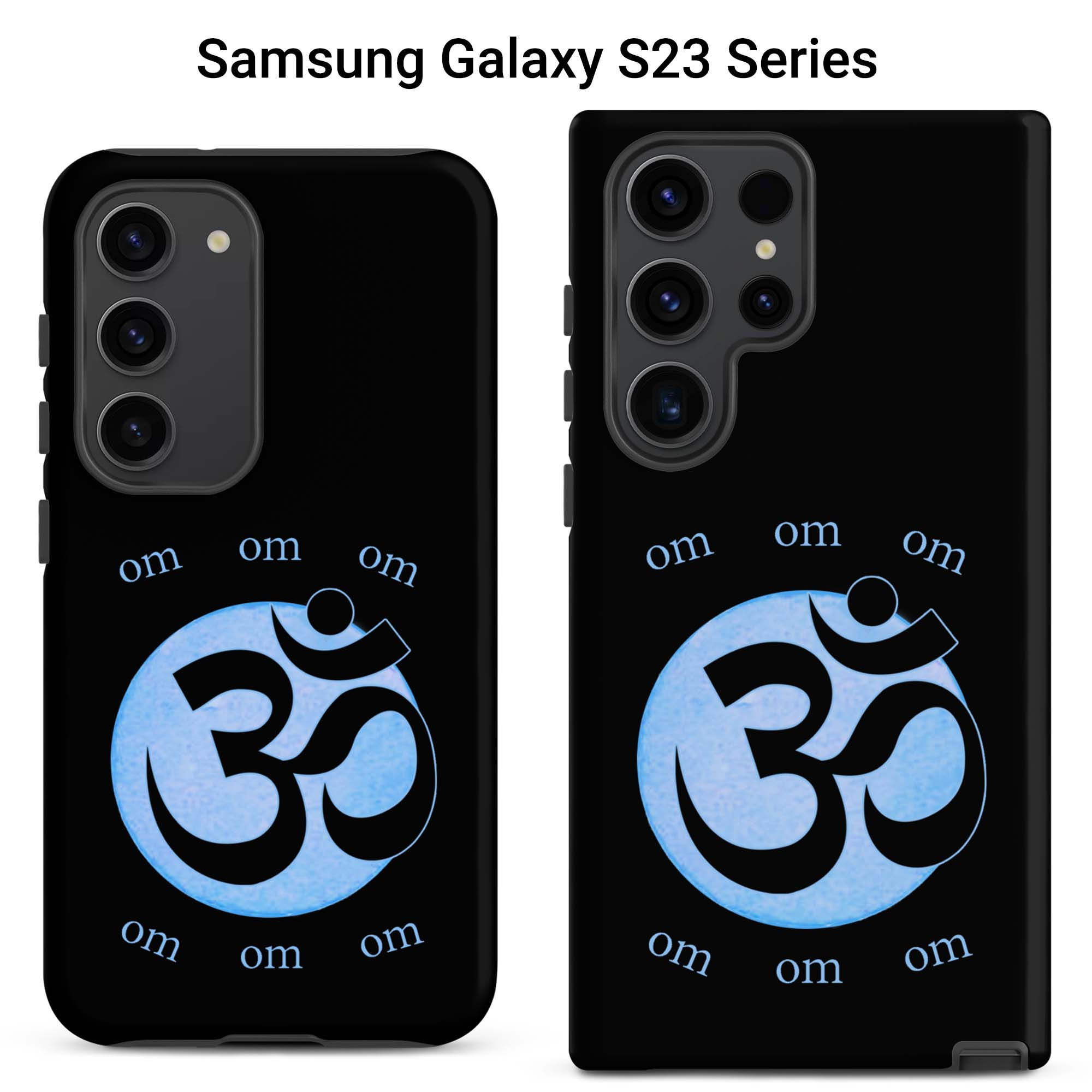 Two Samsung Galaxy S23 tough cases featuring a blue OM symbol against a black background.