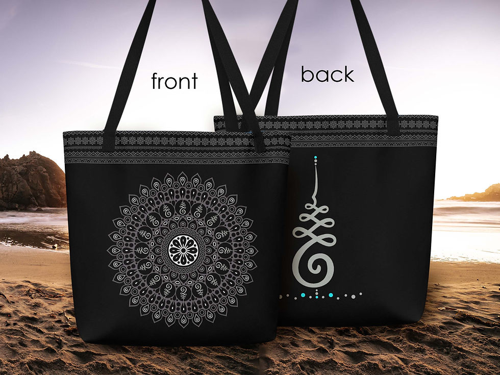 Two tote bags. Front side has a large Mandala. Back side has one large Unalome. The background is black.
