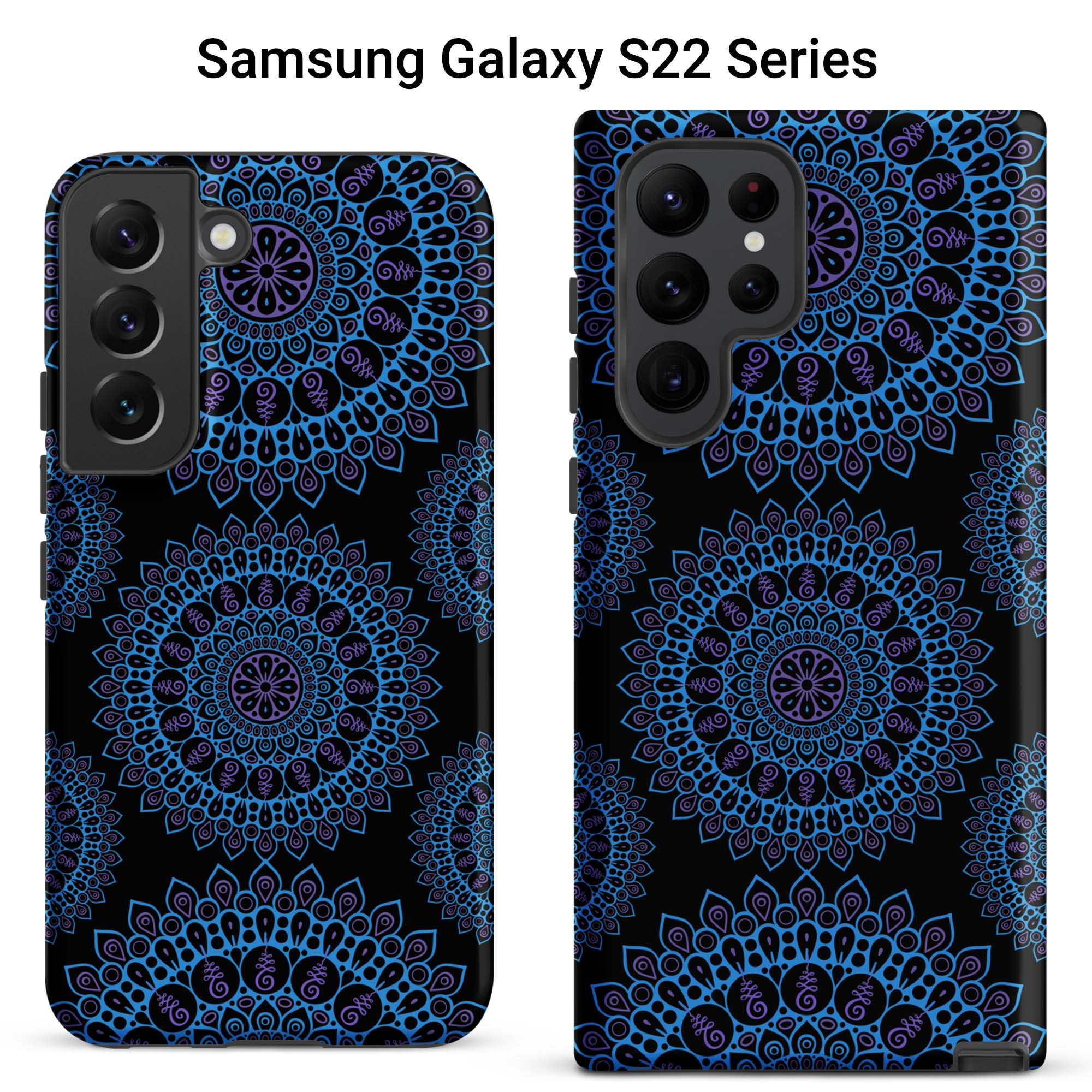 Two Samsung Galaxy S22 tough cases featuring blue mandalas against a black background.