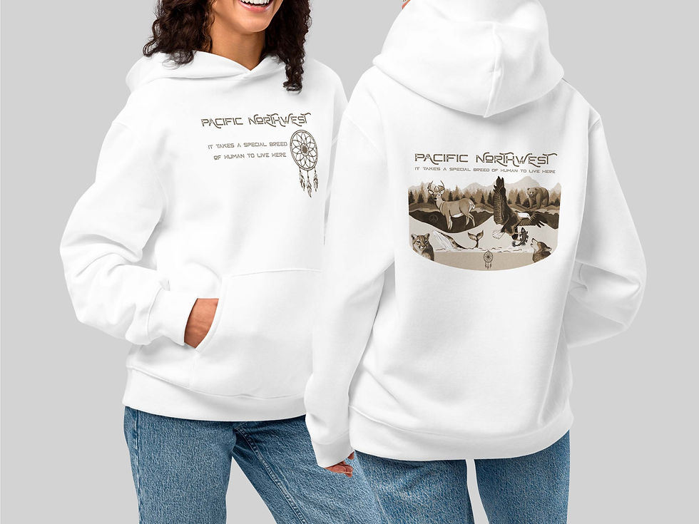 Thumbnail: Two women wearing Pacific Northwest Breed hoodies. Dreamcatcher and slogan on front. Design on back.