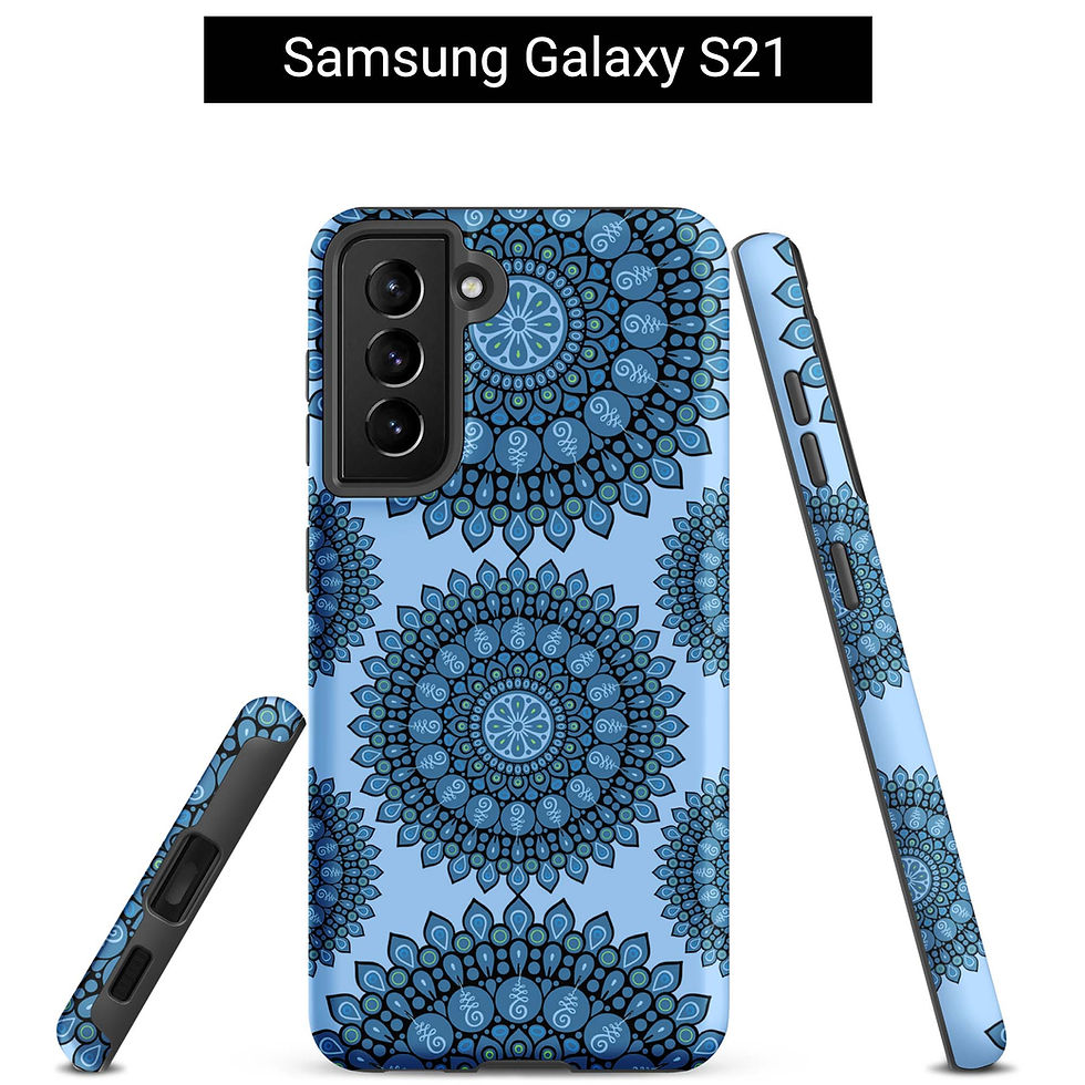 Samsung Galaxy S21 tough case (front, side, bottom views). Three dark blue mandalas against a light blue background.