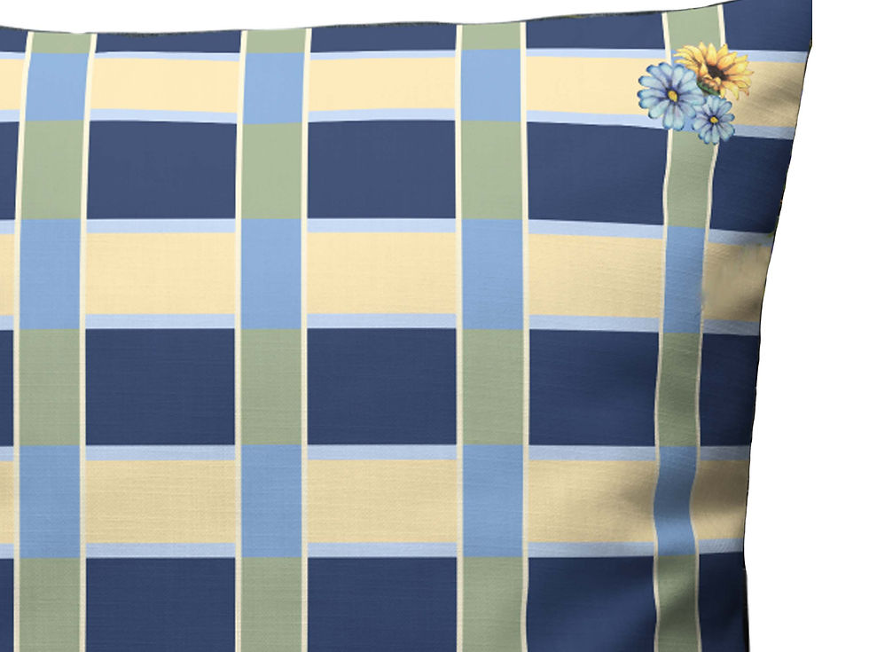 Thumbnail: Close-up view of blue Country Plaid throw pillow details. The plaid is mainly dark blue, some green separated by yellow lines