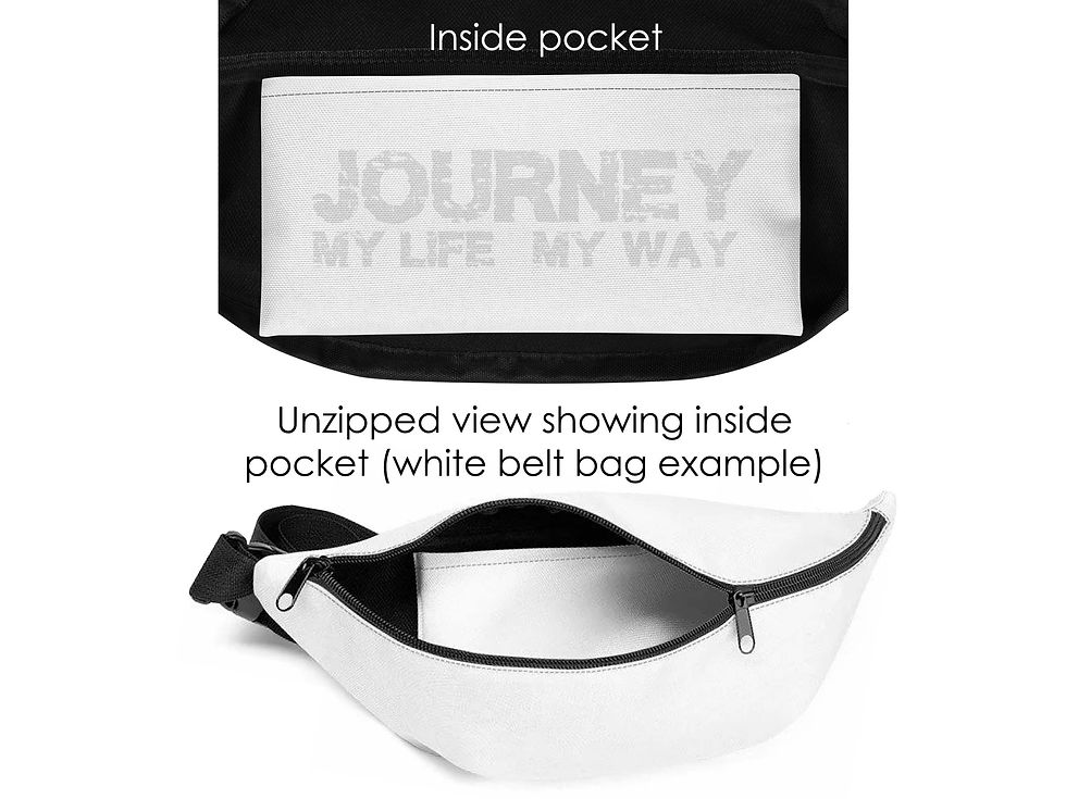 Thumbnail: Inside view of the white Unalome Journey belt bag and inside pocket.  Pocket says “Journey. My Life. My Way”.