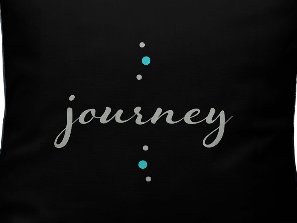 Thumbnail: Close-up view of throw pillow back – the word “journey” with turquoise and gray dots above and below it on a black pillow.