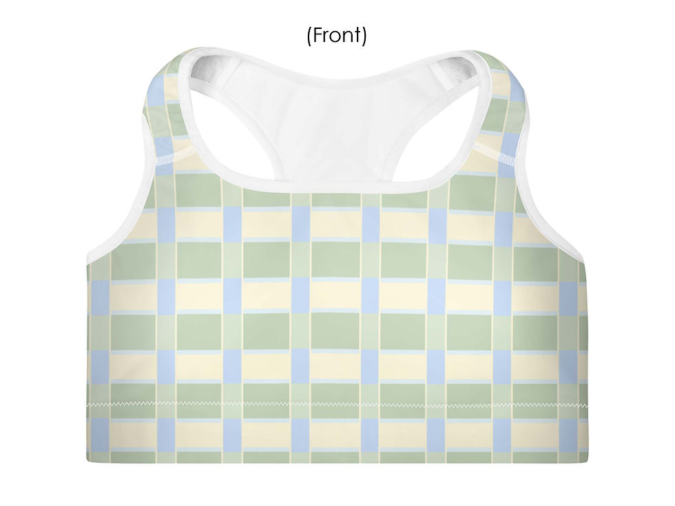 Thumbnail: Close-up front view of green Country Plaid sports bra. Plaid is mainly light green, some light blue separated by yellow lines