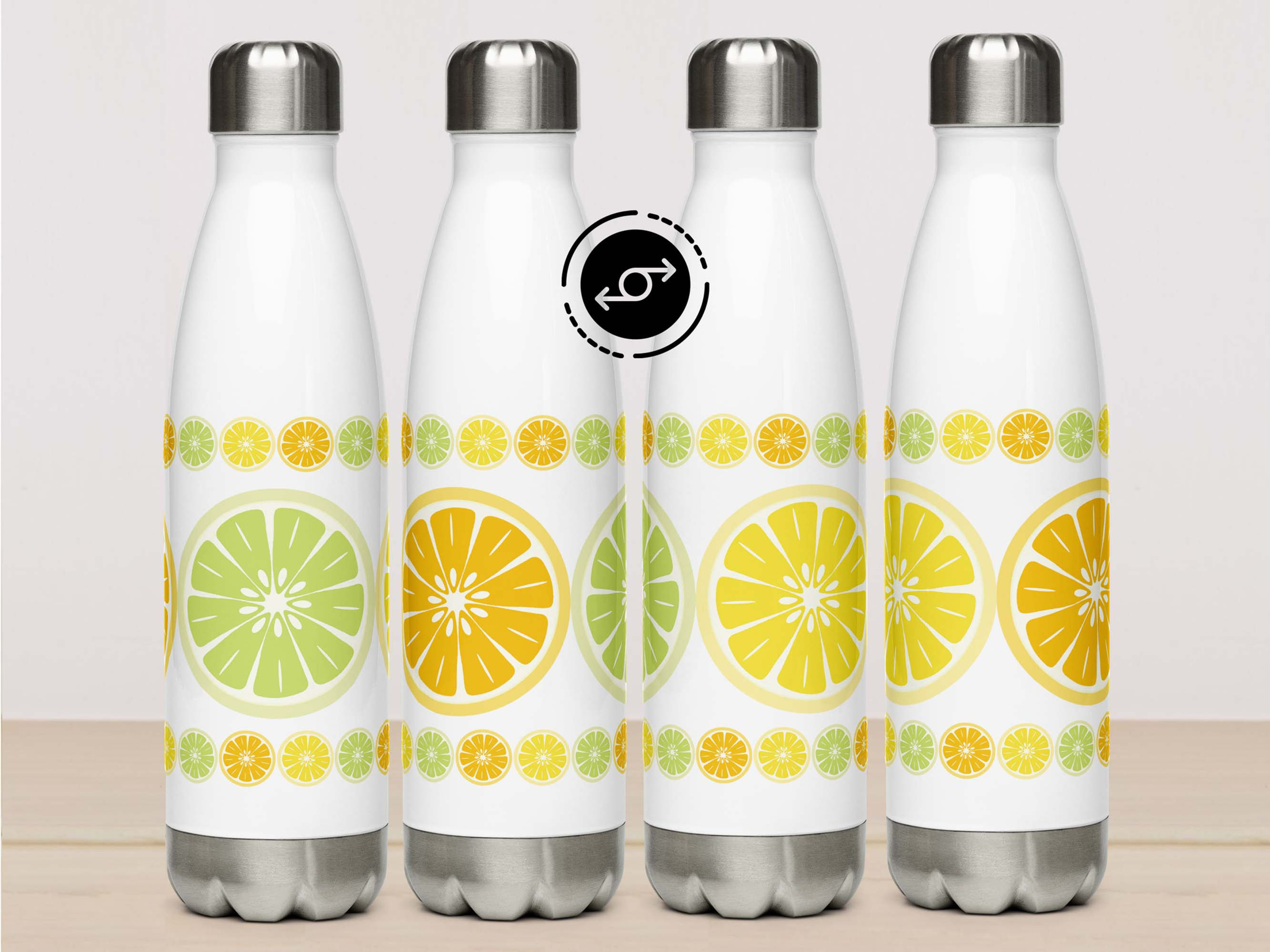 There are four Citrus Slices water bottles sitting side-by-side on a table showing a 3D rotation of all sides of the bottle.