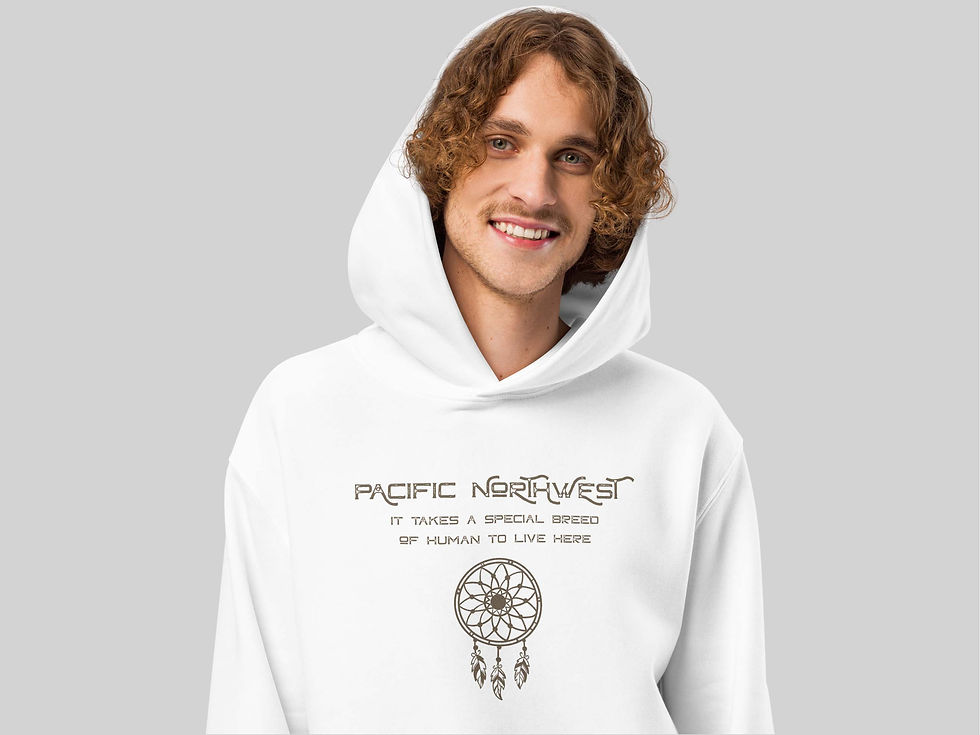 Thumbnail: Young man wearing hoodie. A dreamcatcher below th slogan "Pacific Northwest. It takes a special breed of human to live here."
