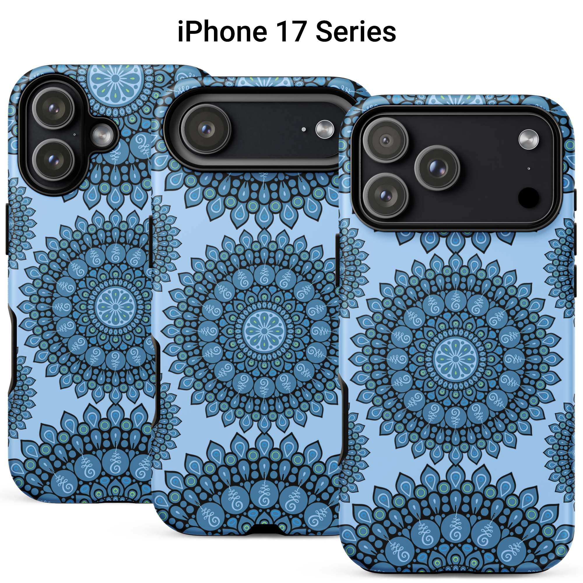 Three iPhone 17 tough cases featuring dark blue mandalas against a light blue background.