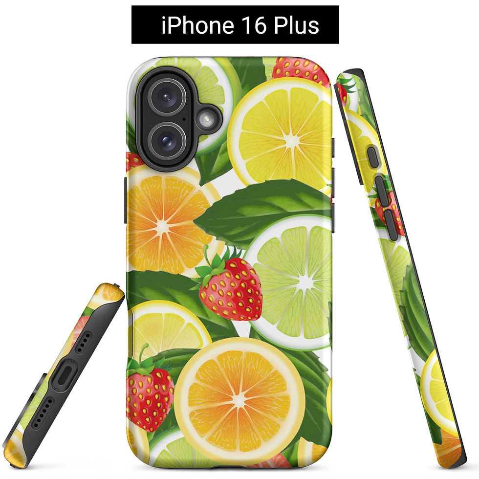 Thumbnail: iPhone 16 Plus tough case (front, side, bottom views). A medley of orange, lemon, lime and strawberry slices.