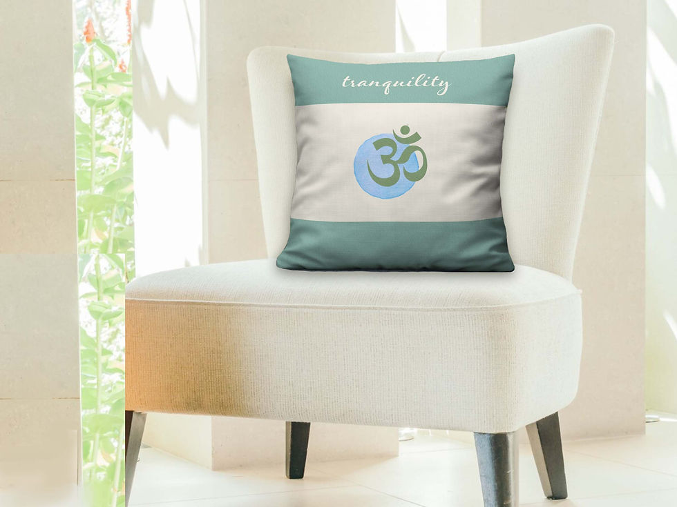 Thumbnail: One 22”x22”” OM Symbol throw pillow is on a white accent chair in a tranquil, well-lit room next to a window.