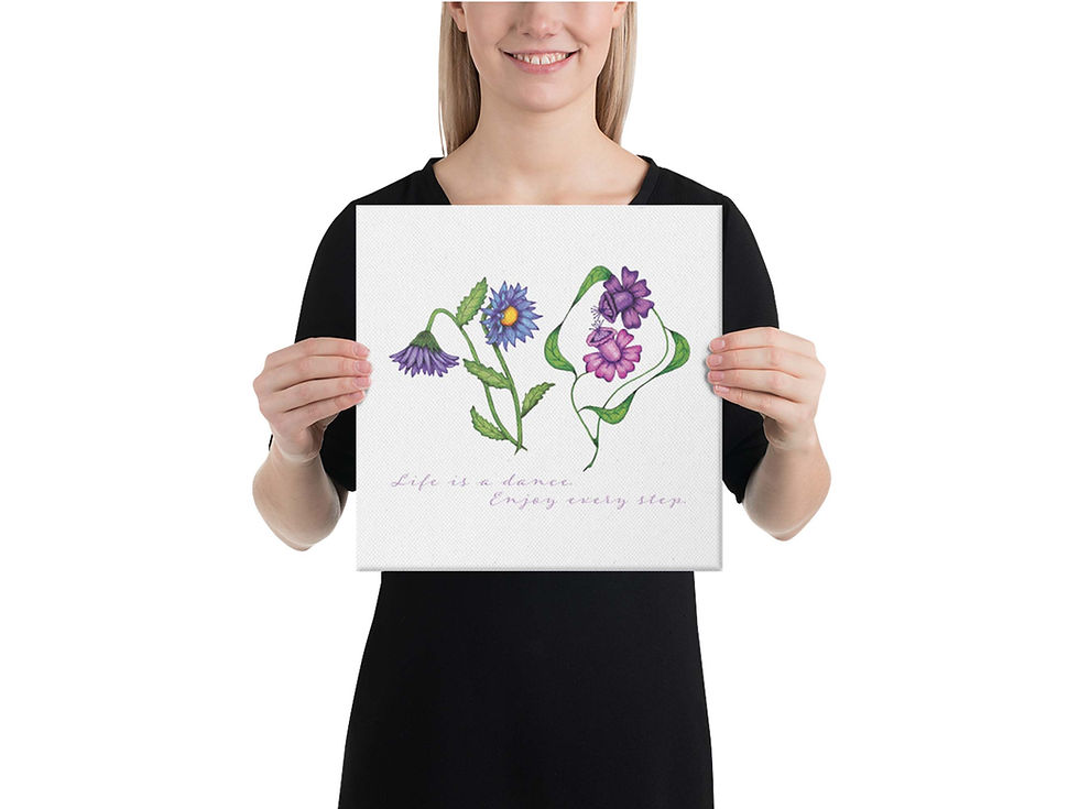 Thumbnail: A young woman is holding a Dancing Flowers canvas wall art outstretched in front of her, to accurately show canvas size.