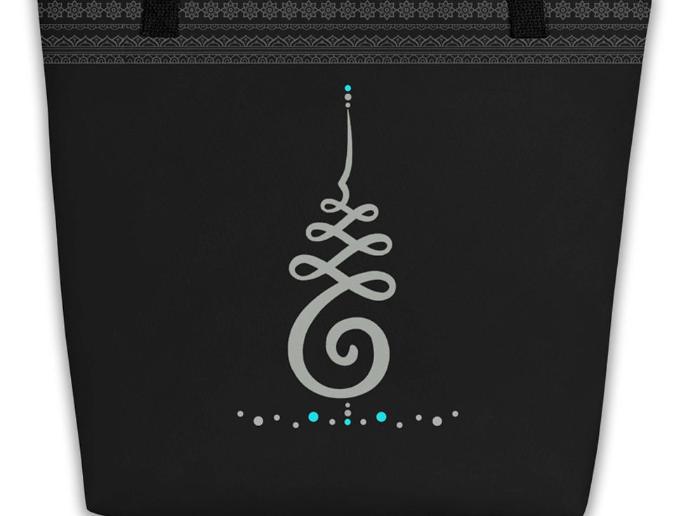 Thumbnail: Close up view of the Unalome. It’s gray with a turquoise dot on top, and a row of gray and turquoise dots below it.