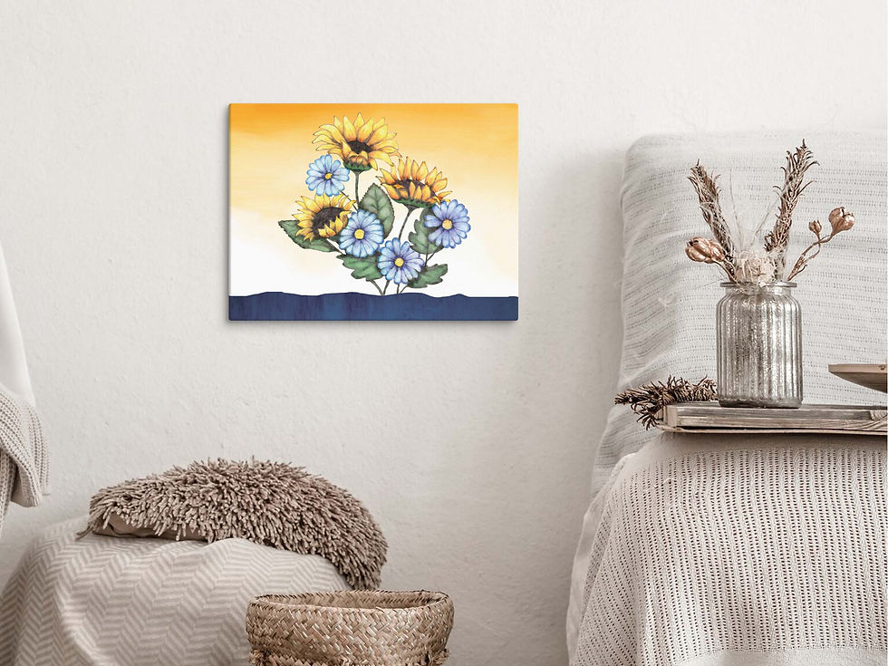 Thumbnail: A Sunflower Sunset canvas art on a bedroom wall next to a bed.