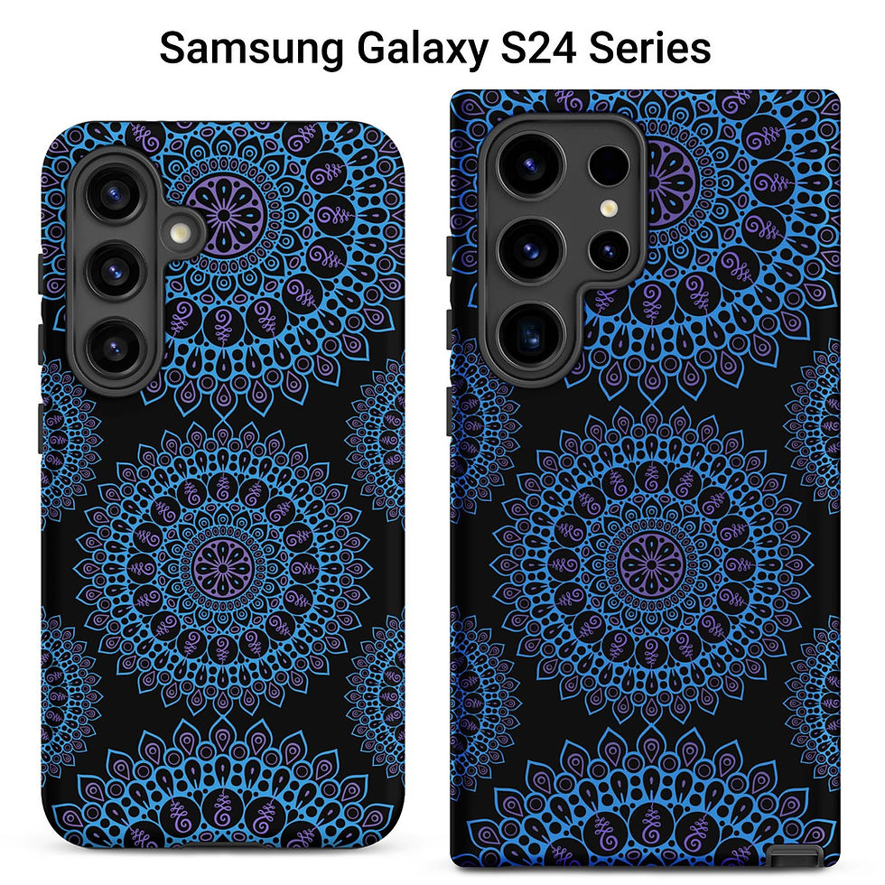 Two Samsung Galaxy S24 tough cases featuring blue mandalas against a black background.