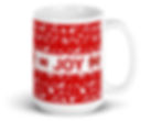 Christmas coffee mug right side. Red background with white reindeer, trees, candy canes, holly, snowflakes and the word JOY.