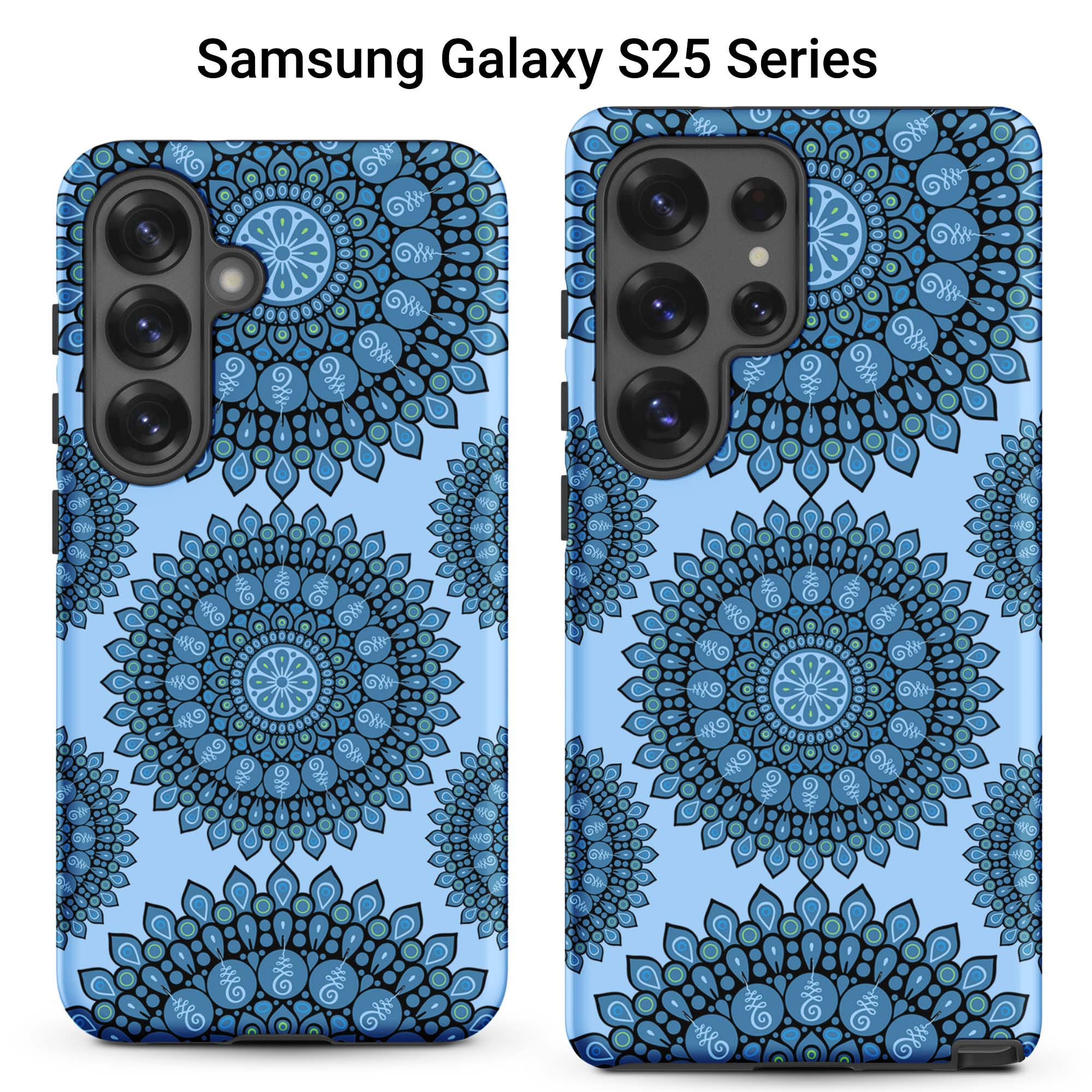 Two Samsung Galaxy S25 tough cases featuring dark blue mandalas against a light blue background.