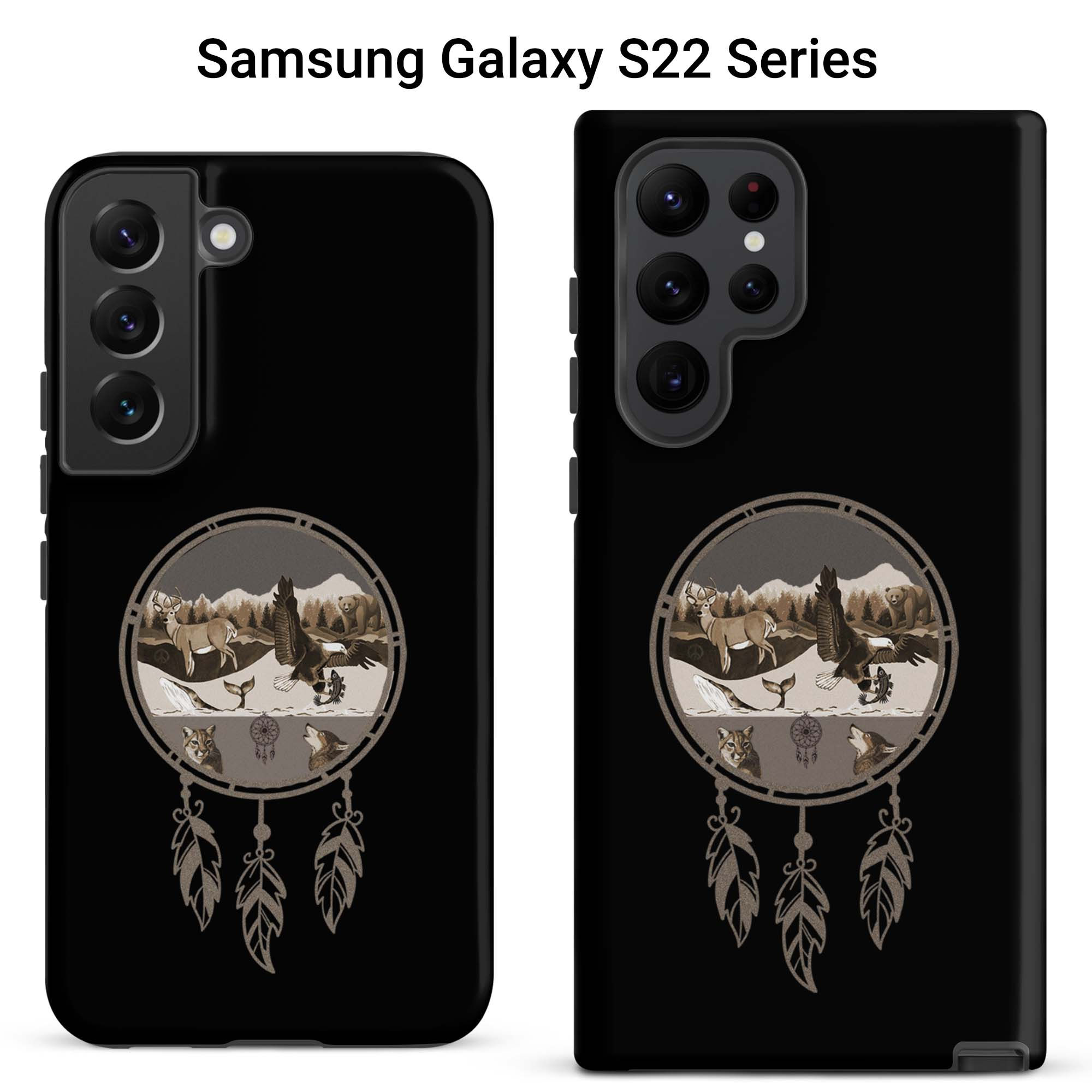 Two Samsung Galaxy tough cases featuring a deer, bear, eagle, cougar and wolf within a dreamcatcher.