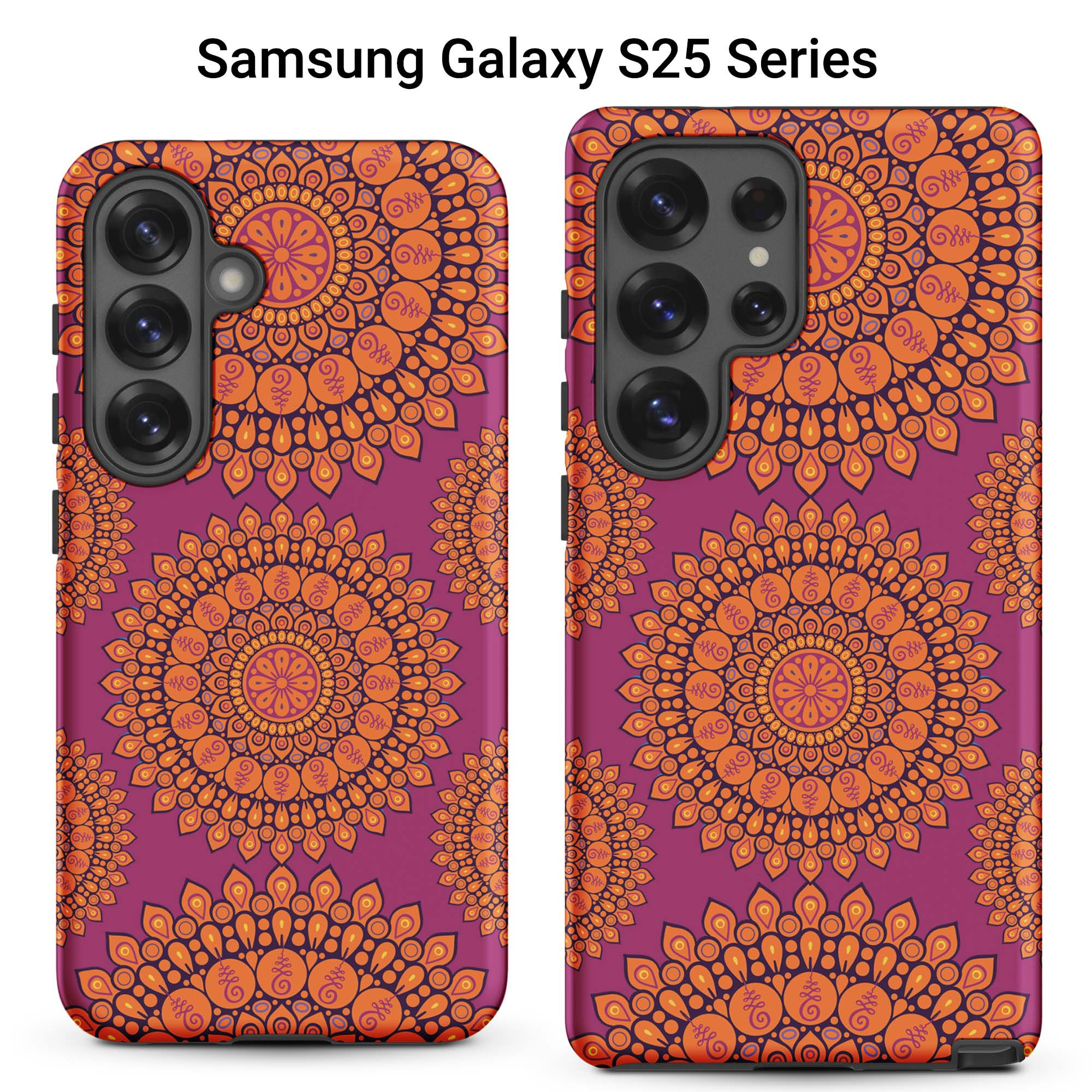 Two Samsung Galaxy S25 cases featuring orange mandalas against a dark pink background.