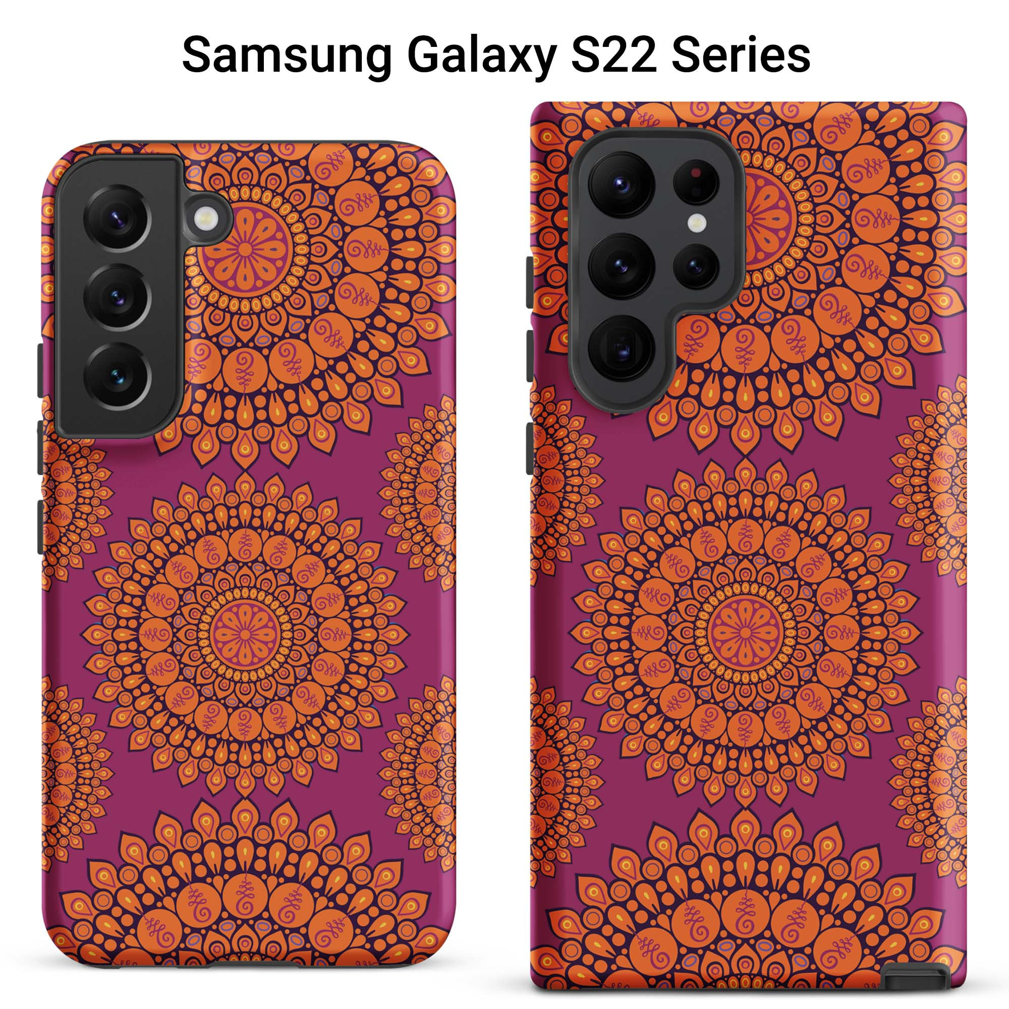 Two Samsung Galaxy S22 cases featuring orange mandalas against a dark pink background.