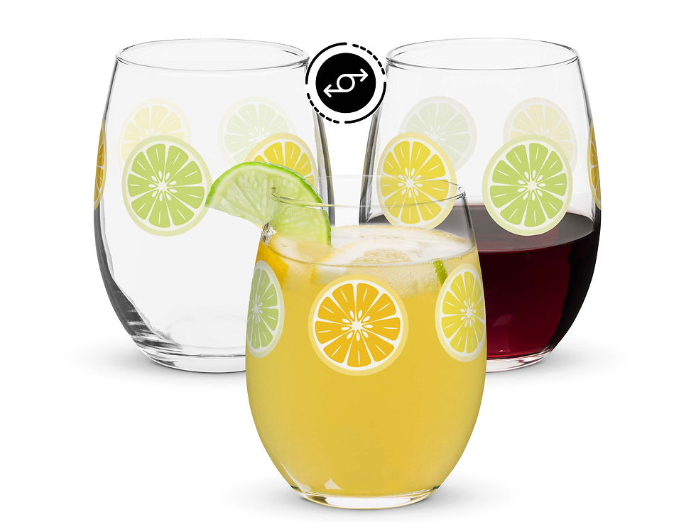 3D rotation of 15oz stemless Citrus wine glass. One glass is empty, one is filled with orange juice, one is filled with wine.