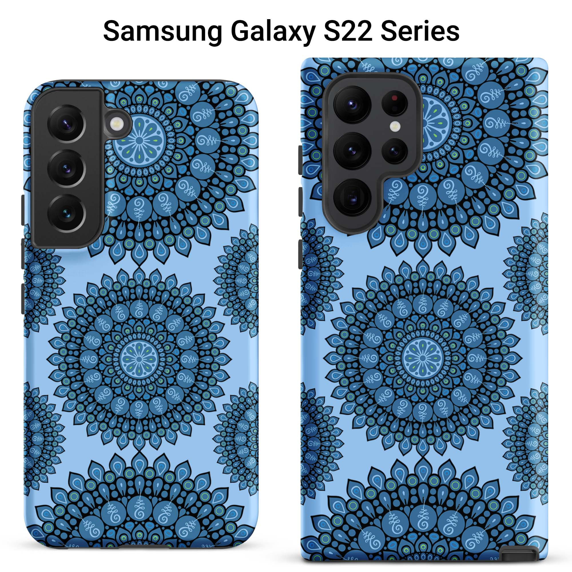 Two Samsung Galaxy S22 tough cases featuring dark blue mandalas against a light blue background.
