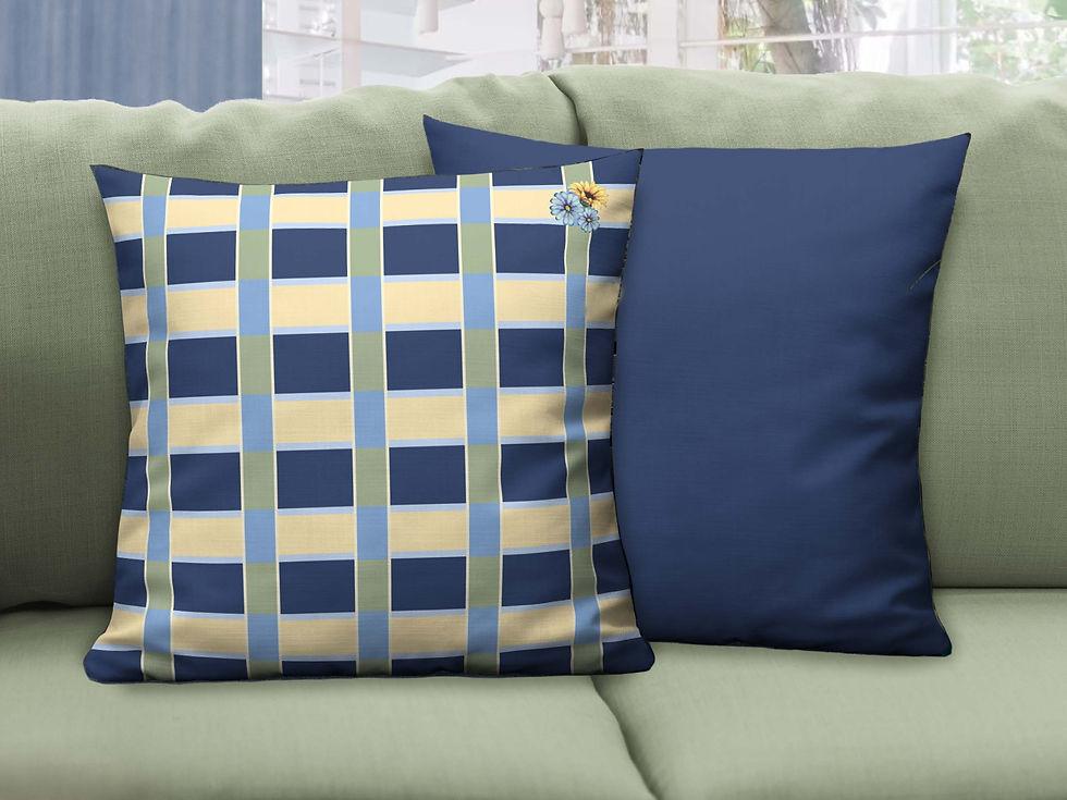 Two 18”x18” Country Plaid throw pillows on seafoam green couch. One is front side (plaid), one is back side (solid dark blue)
