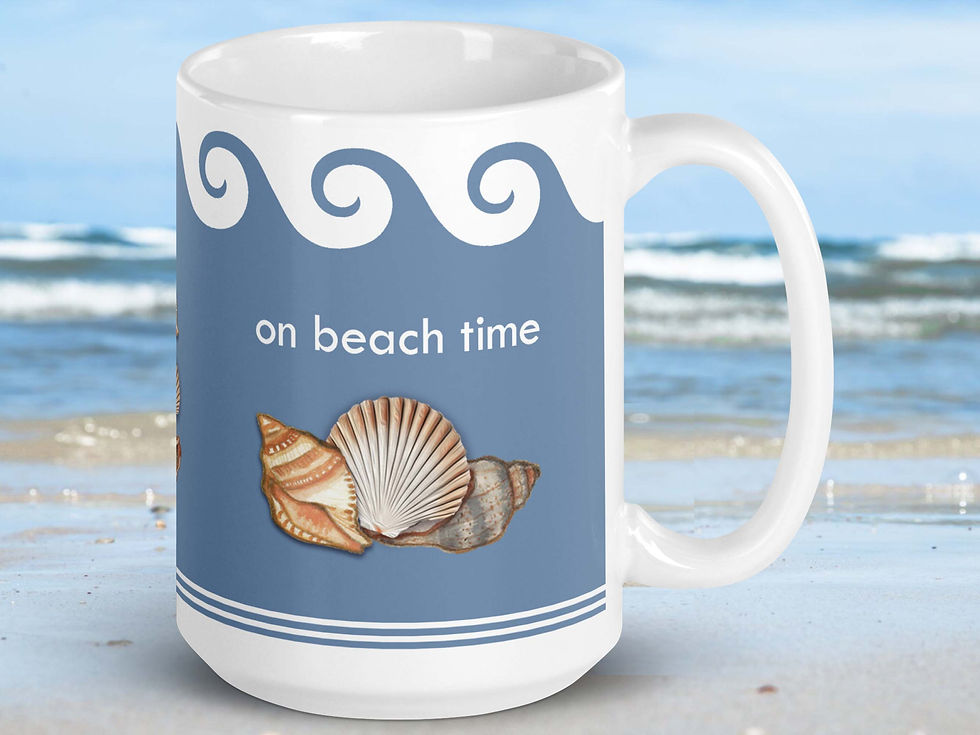 Thumbnail: Close-up view of an On Beach Time coffee mug sitting in the sand on an ocean beach.