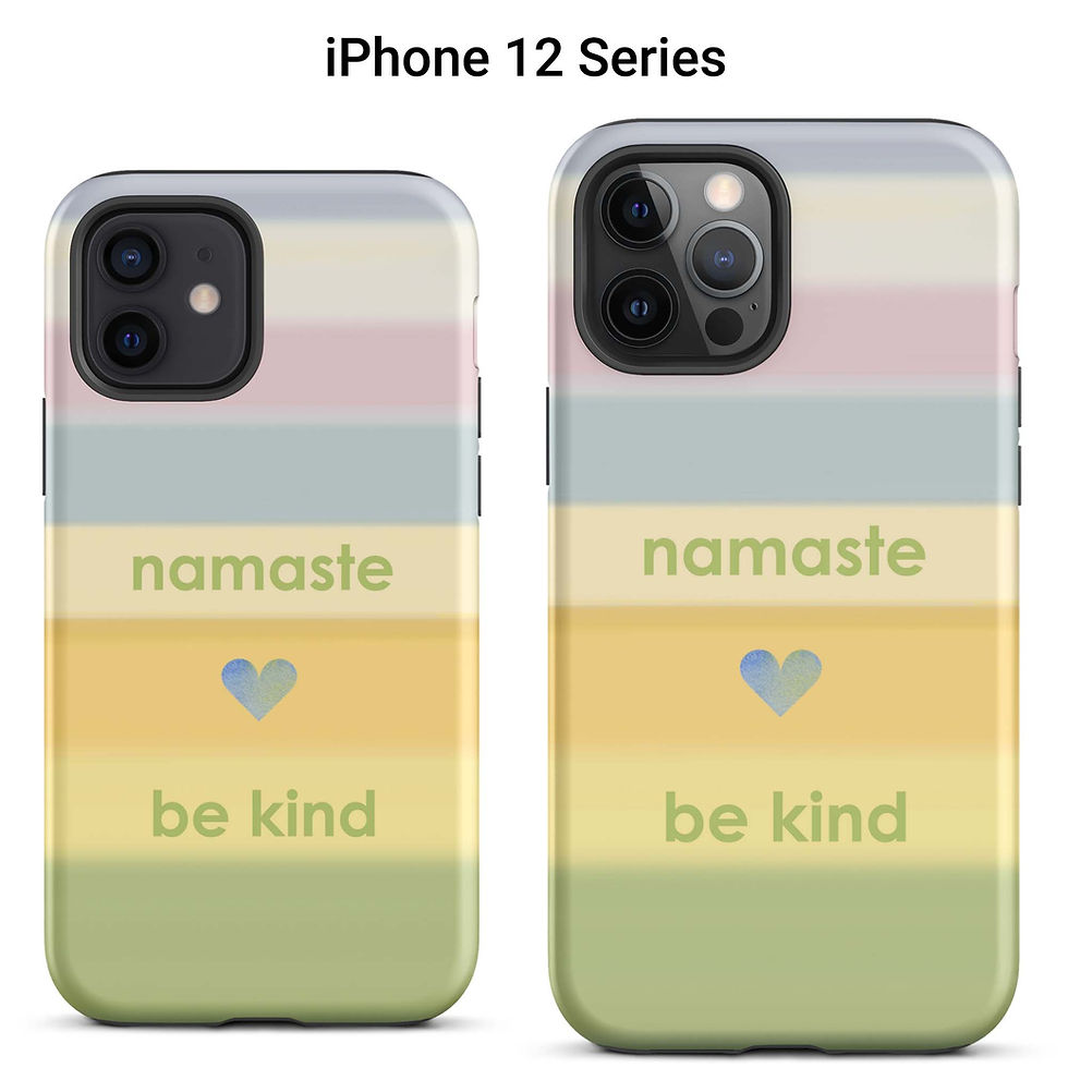 Two iPhone 12 tough cases featuring a heart and the words “Namaste Be Kind” against a pastel rainbow.