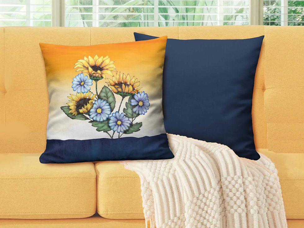 Thumbnail: Two 22”x22” Sunflower Sunset throw pillows on orange couch with light beige blanket. One pillow is front side, one is back si