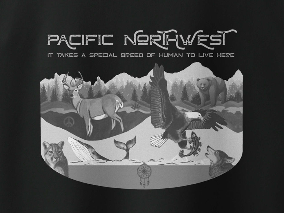 Thumbnail: Close up view of Pacific Northwest Breed hoodie design: Vintage looking mountains, deer, eagle, whale, bear, cougar and wolf.