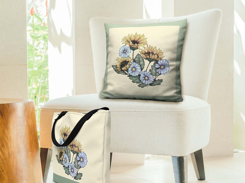 Thumbnail: 22”x22” Sunflower Synergy throw pillows on a beige couch. Front side (sunflowers), Back side (green plaid).