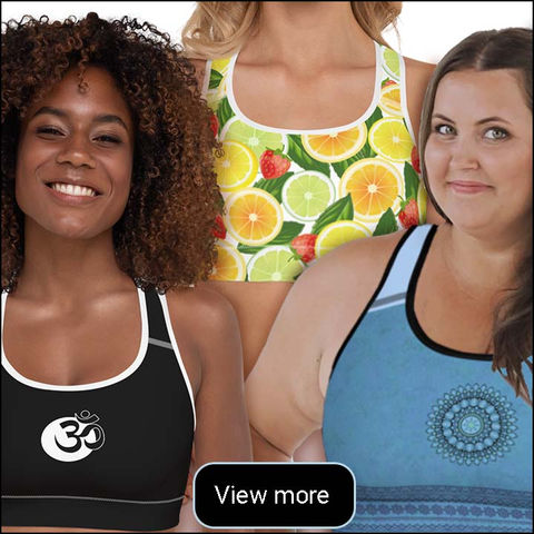 Three women wearing a different sports bra design – black OM symbol, Citrus slices, and blue Mandala.
