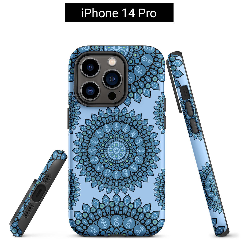 Thumbnail: iPhone 14 Pro tough case (front, side, bottom views). Three dark blue mandalas against a light blue background.