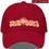 Thumbnail: Close-up view of a cranberry colored Sun Soul dad hat. Words “SUN SOUL” and a sun with a peace sign at its center.